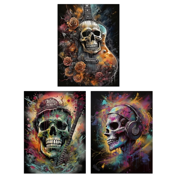 Set of 3 Prints Thrash Metal Death Skull Guitar Brutal Horror 3 Pack 12X16" Poster Wall Art Prints