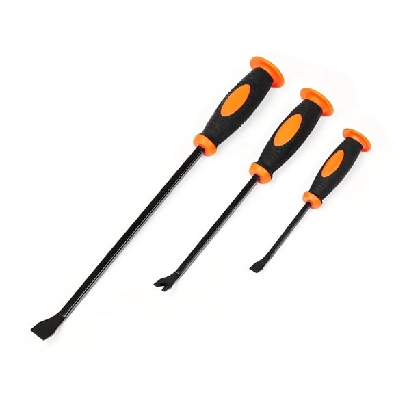 Set of 3 Pry Bars with Crowbar Strike Cap - 8", 12", and 17" Carbon Steel Non-Slip Handles for Automotive Repair