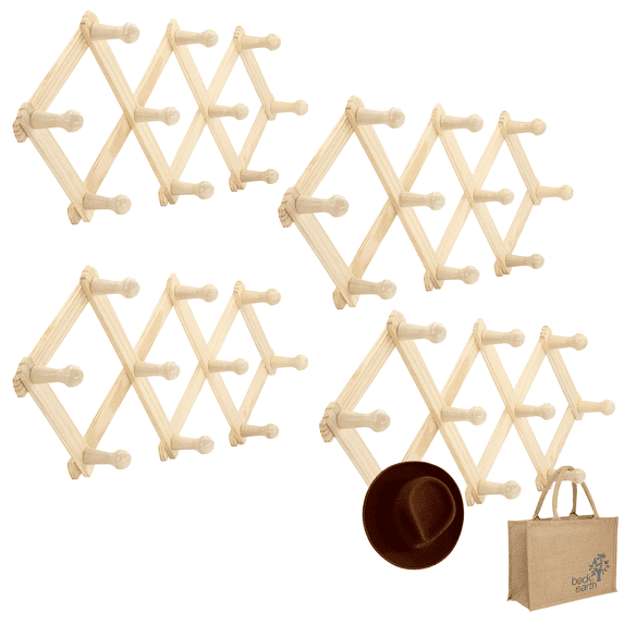 Set of 4 RAM-PRO Accordion Style Wood Expandable Wall Rack for Hat, Cap, Belt, Umbrella Coffee Mug Jewelry Hanging Wooden Pegs