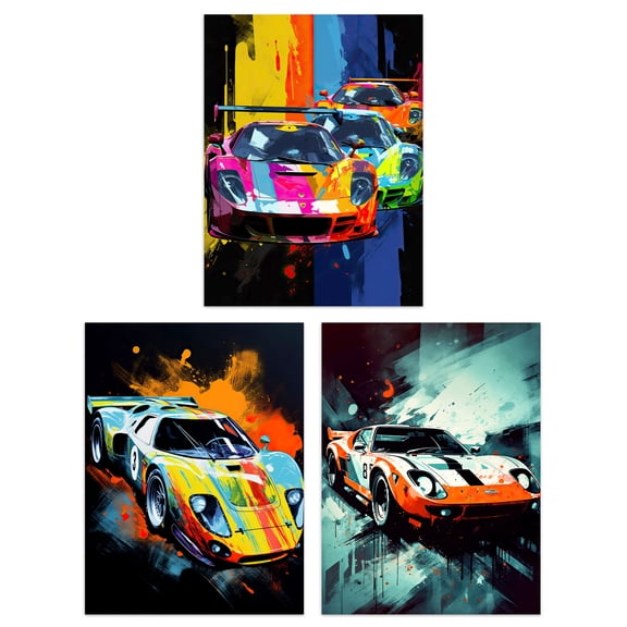 Set of 3 Racing Car Motorsport Grand Prix Paintings Bright Colourful Mancave Gift For Him Unframed Wall Art Living Room Poster Prints Pack