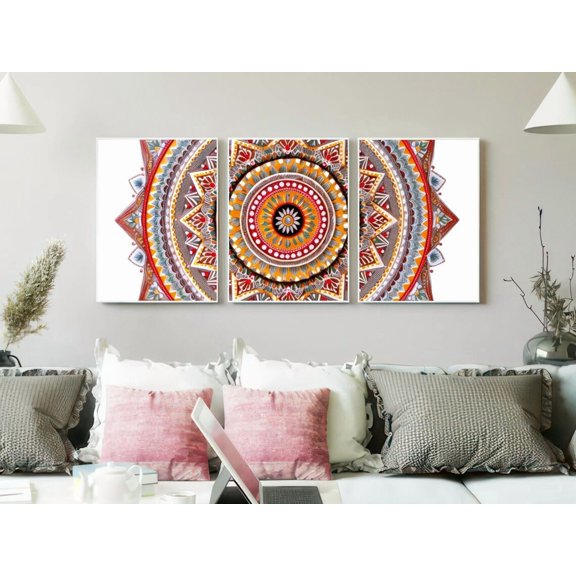 Set of 3 Radial Symmetry Wall Art, Geometric Floral Triptych Prints, Symmetrical Mandala Decor, Clean Pattern Gallery Set, Stretched Canvas