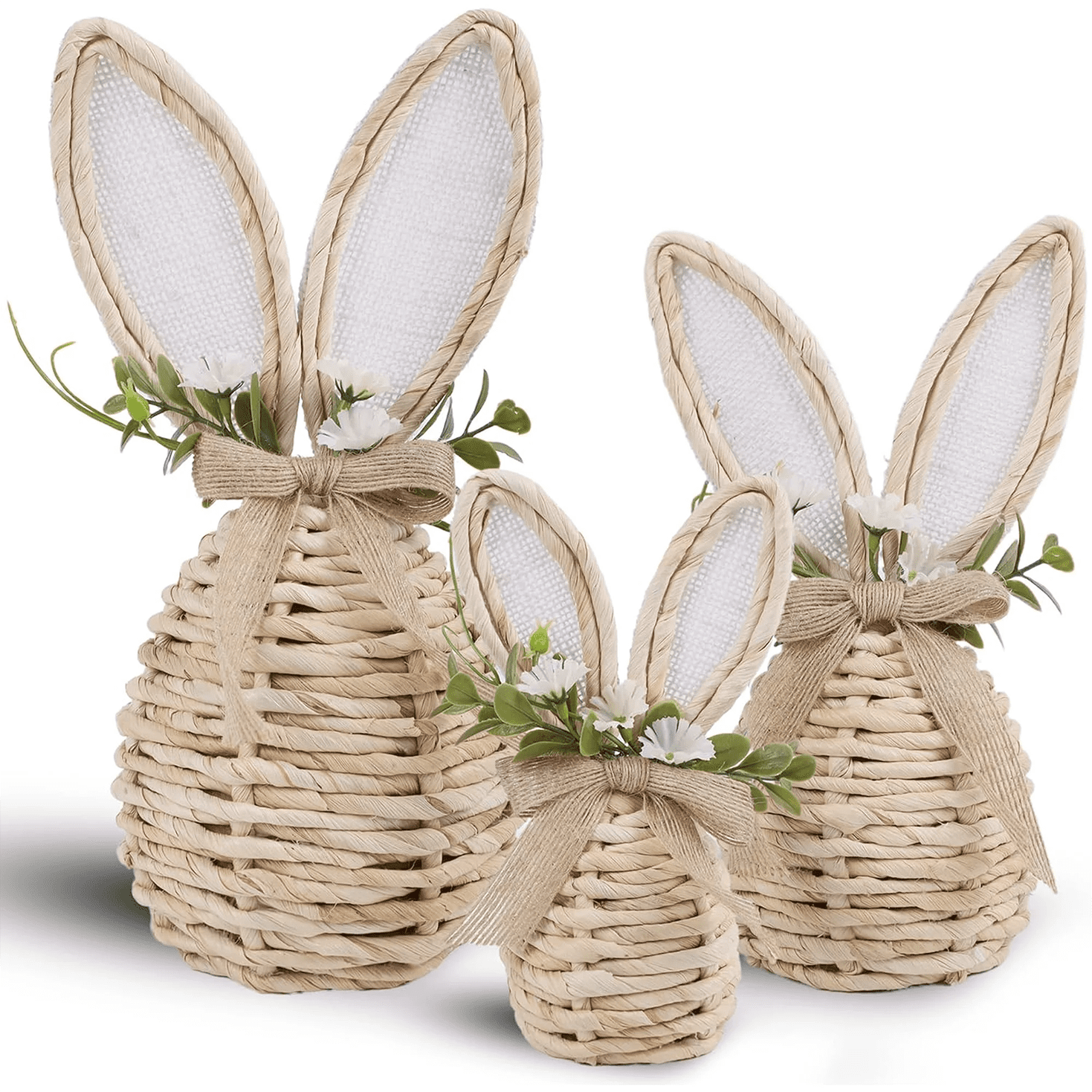 Set of 3 Rattan Easter Bunny Decorations with Flowers, Handmade Woven ...
