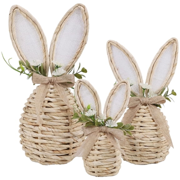 Set of 3 Rattan Easter Bunny Decorations with Flowers, Handmade Woven Wicker Rabbit Statues, Neutral Farmhouse Spring Table Centerpiece Decor