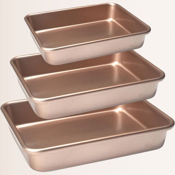 Set of 3 Rectangular Cake Pan, Carbon Nonstick Deep Baking Pans for Oven, Gold Cookie Sheet Toaster Oven Tray Bakeware for Brownie, Bread, Casserole