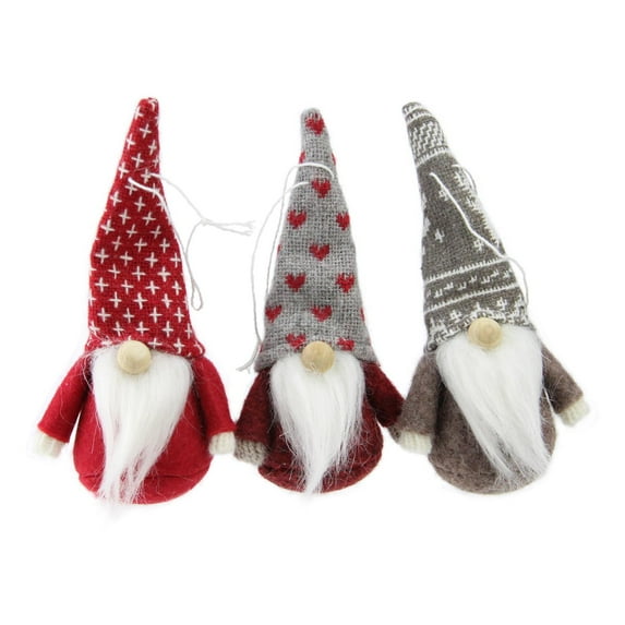 Set of 3 Red Brown and Gray Santa Gnome Christmas Ornament Decorations 4.5"