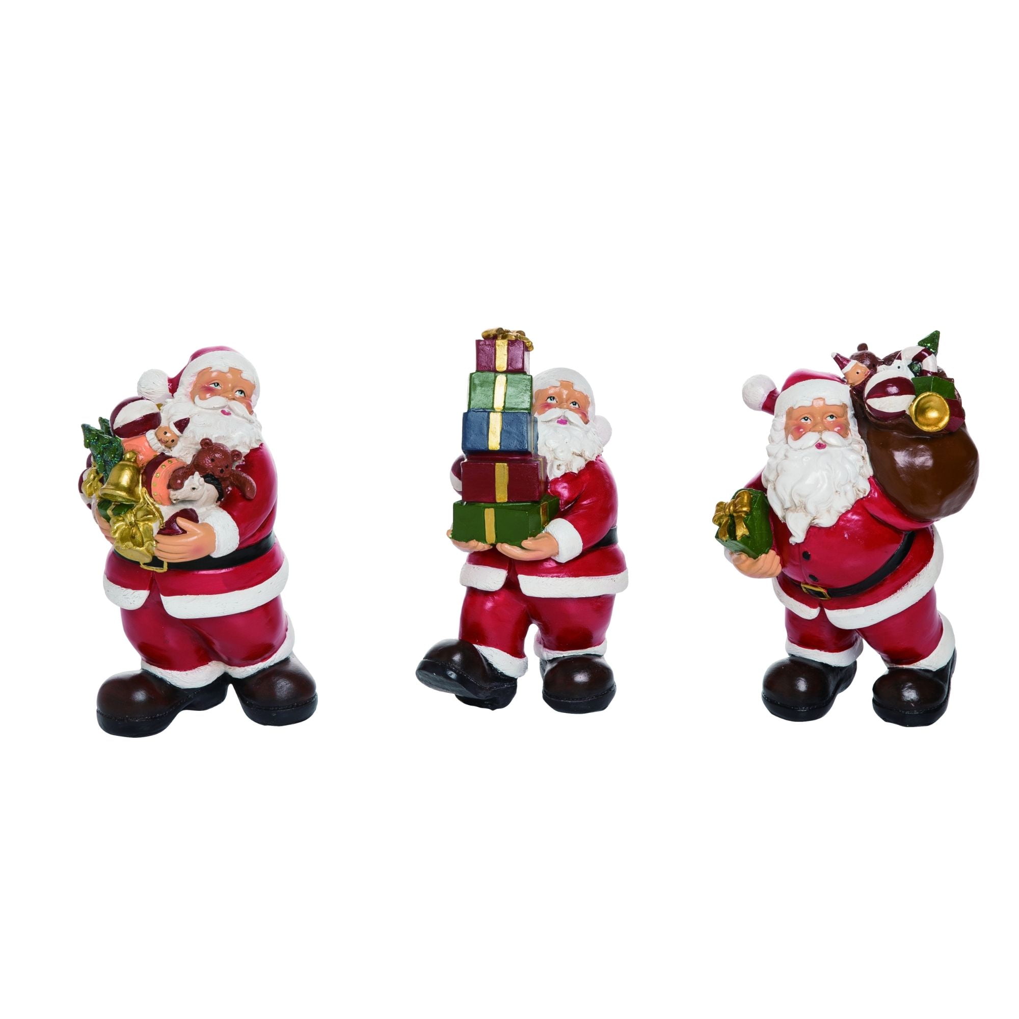 Set of 3 Red Resin Santa Figurines Holding Gifts