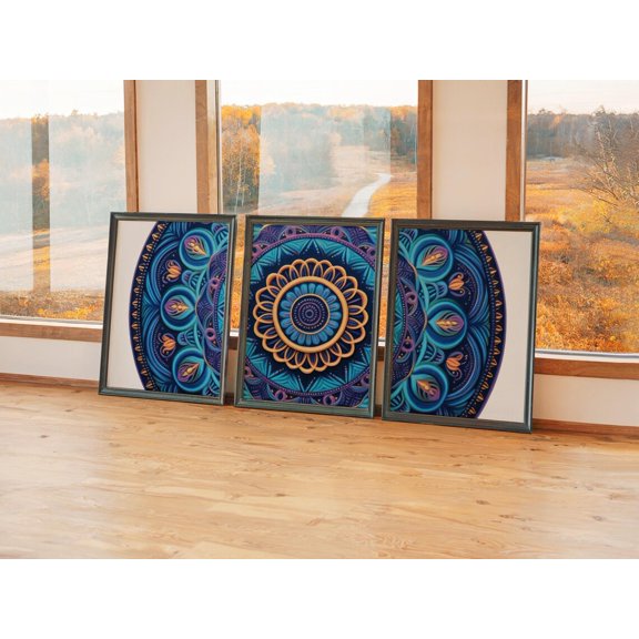 Set of 3 Relaxing Bedroom Wall Art, Blue Violet Mandala Triptych, Soothing Geometric Decor, Tranquil Spiritual Gallery Set, Stretched Canvas