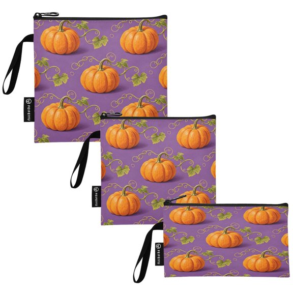 Set of 3 Reusable Storage Bags with Zipper , Food Storage & Bread Organizer for Picnic Office, Purple Vine Pumpkins