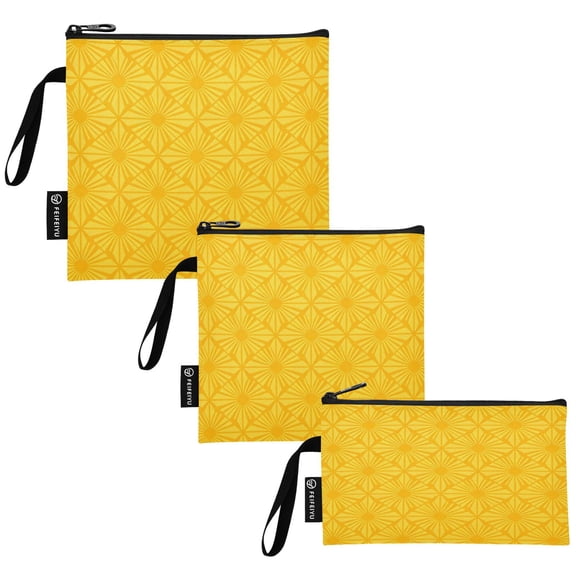 Set of 3 Reusable Storage Bags with Zipper , Food Storage & Bread Organizer for Picnic Office, Yellow Geo