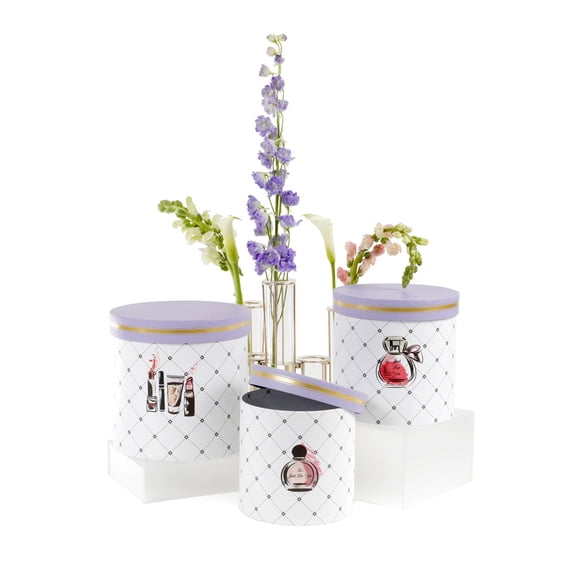 Set of 3, Round Boxes for Unique Flower/Gift Arrangements, Fashionista Collection, Various Designs | W535