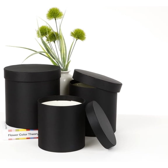 Set of 3, Round Flower/Gift Boxes, Boxes for Flower Arrangements with Plastic Liner, Silky Fabric Finish (Black)