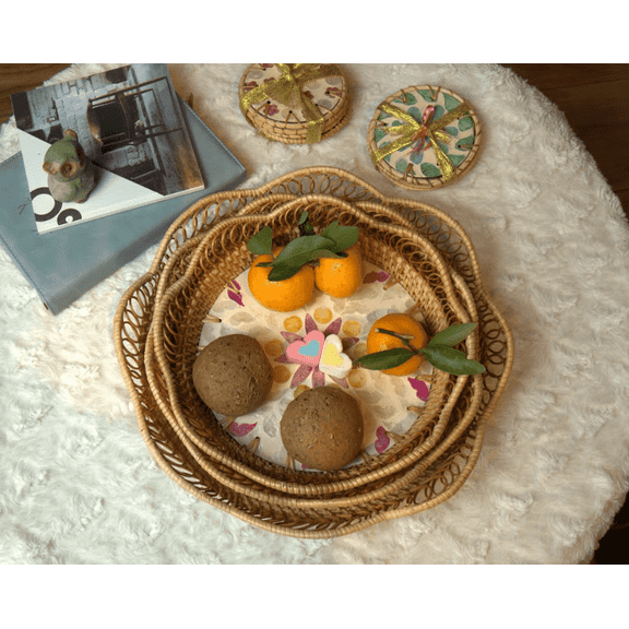 Set of 3 Round Pink Flower Rattan Inlaid Trays with Cloud Pattern - Artisan Crafted Elegance for Modern Living Spaces