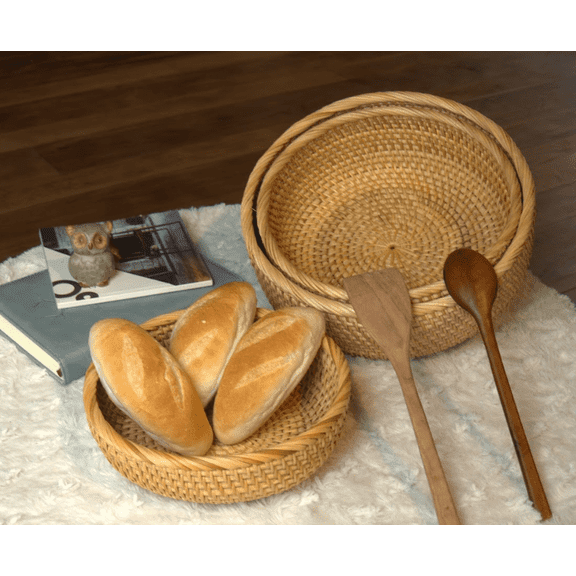 Set of 3 Round Rattan Basket with Cloud Pattern - Artisan Crafted Elegance for Modern Living Spaces