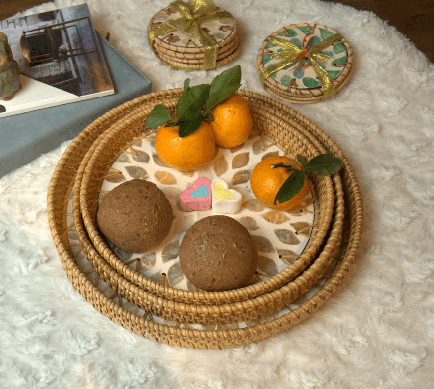 Set of 3 Round White/Blue Rattan Inlaid Handle Trays with Cloud Pattern ...