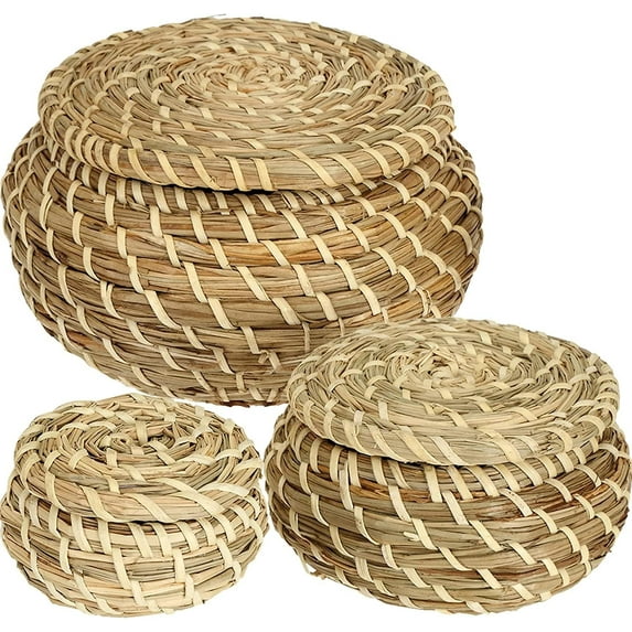 Set of 3 Round Woven Seagrass Baskets with Lid, Little Handmade Rattan Storage Basket Box for Shelf