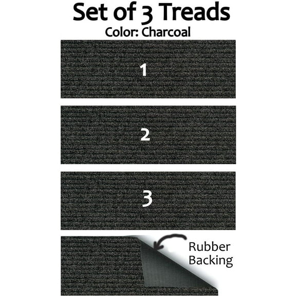 Set of 3 Rubber Backed Non-Slip 1/4" Thick Heavy Duty Indoor/Outdoor Carpet Stair Treads. Many Sizes Available (Color: Black)
