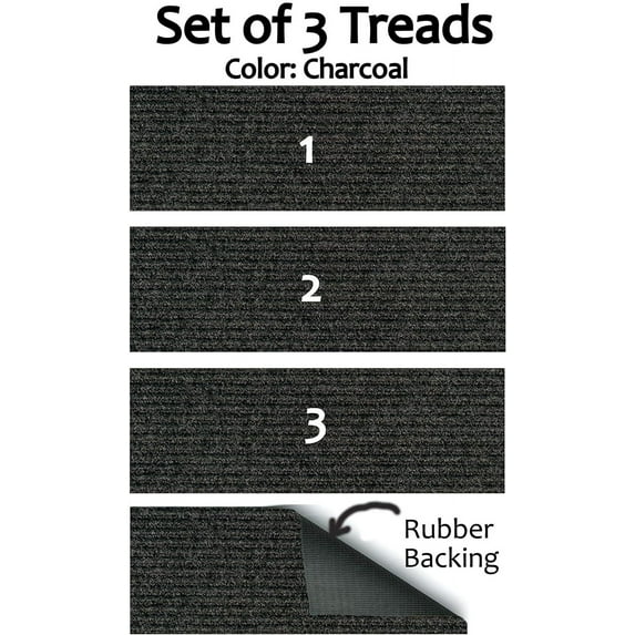 Set of 3 Rubber Backed Non-Slip 1/4" Thick Heavy Duty Indoor/Outdoor Carpet Stair Treads. Many Sizes Available (Color: Black)