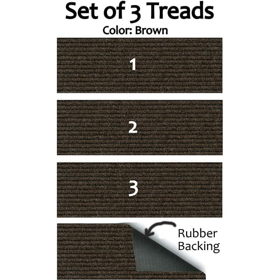 Set of 3 Rubber Backed Non-Slip 1/4" Thick Heavy Duty Indoor/Outdoor Carpet Stair Treads. Many Sizes Available (Color: Brown)