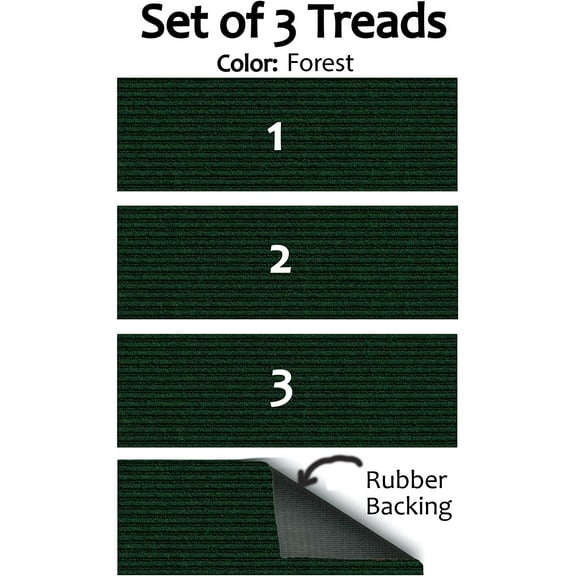 Set of 3 Rubber Backed Non-Slip 1/4" Thick Heavy Duty Indoor/Outdoor Carpet Stair Treads. Many Sizes Available (Color: Forest Green)