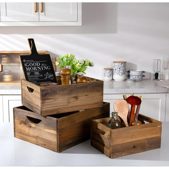 Set of 3 Rustic Distressed Wood Nesting Crates, Farmhouse Decorative Wooden Storage Boxes, Vintage Reclaimed Wood Baskets for Display (Natural)