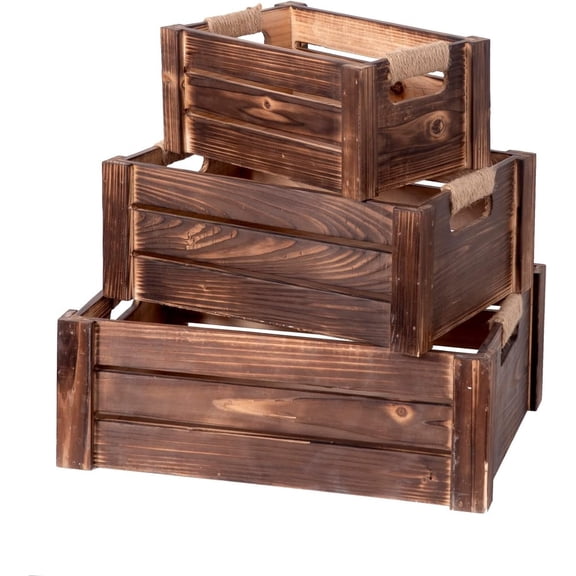 Set of 3 Rustic  Nesting Crates,  Wooden Storage Container Boxes with Cutout Handles, Decorative Wooden Baskets for Display (Rustic Brown)