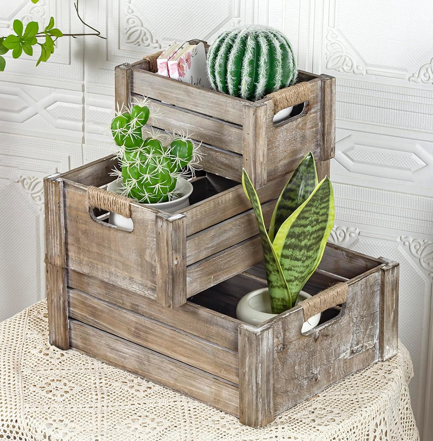 Set of 3 Rustic Nesting Crates, Wooden Storage Container Boxes with ...