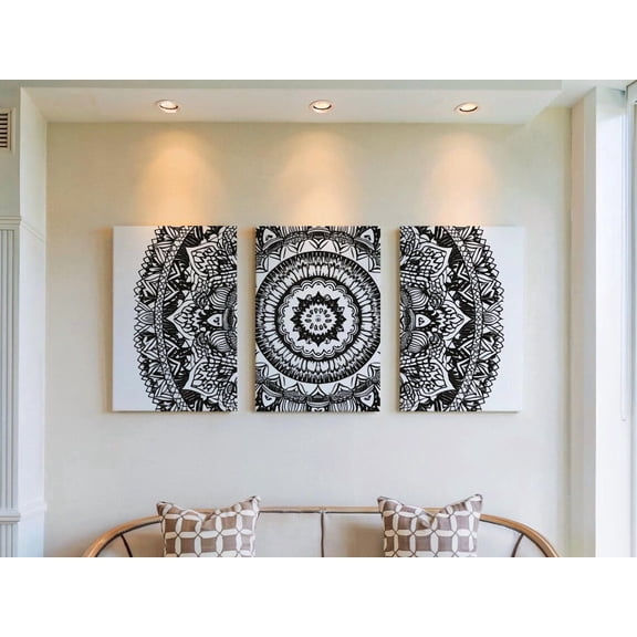 Set of 3 Sacred Labyrinth Wall Art, Hypnotic Geometric Triptych Prints, Monochrome Mandala Decor, Spiritual Space Gallery Set, Stretched Canvas