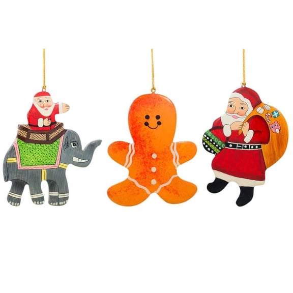 Set of 3 Santa, Elephant & Gingerbread Wooden Ornaments