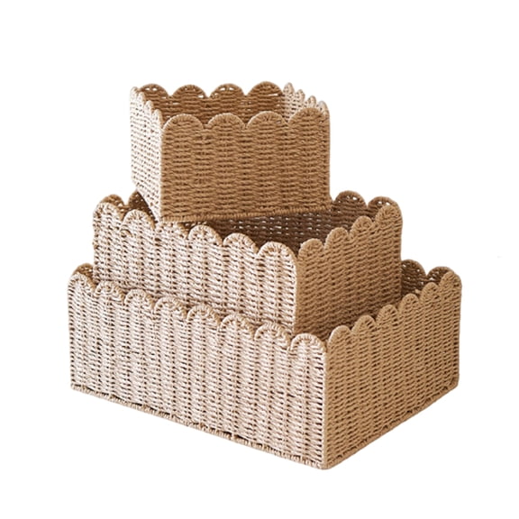 Set of 3 Scalloped Edge Handwoven Paper Rope Storage Baskets, Wavy Wicker Bins for Snacks, Toys, Towels  Farmhouse Home Organizer