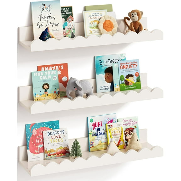 Set of 3 Scalloped Nursery Book Shelves: Floating Wall Shelves for Baby & Toddler Rooms, Cute Kids' Bedroom Decor