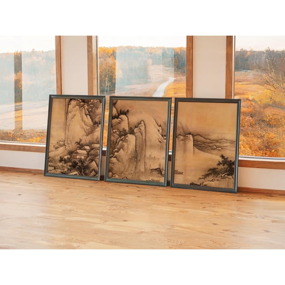 Set of 3 Scroll Style Wall Art Prints, Japanese Landscape Painting Triptych, Sepia Village Decor, Traditional Asian Art Gallery Set, Poster Only