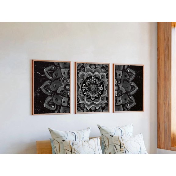 Set of 3 Sculptural Mandala Wall Art, Metallic Look Triptych Prints, Dark Floral Decor, Dramatic Geometric Gallery Set, Poster Only