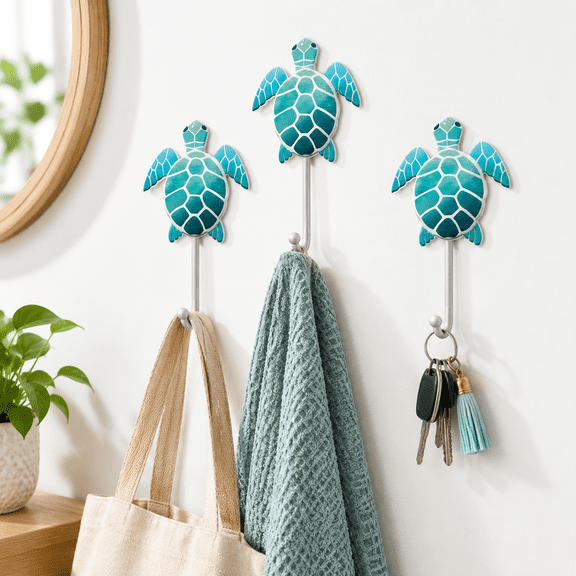 Set of 3 Sea Turtle Wall Hooks Beach Bathroom Nautical Towel Holder