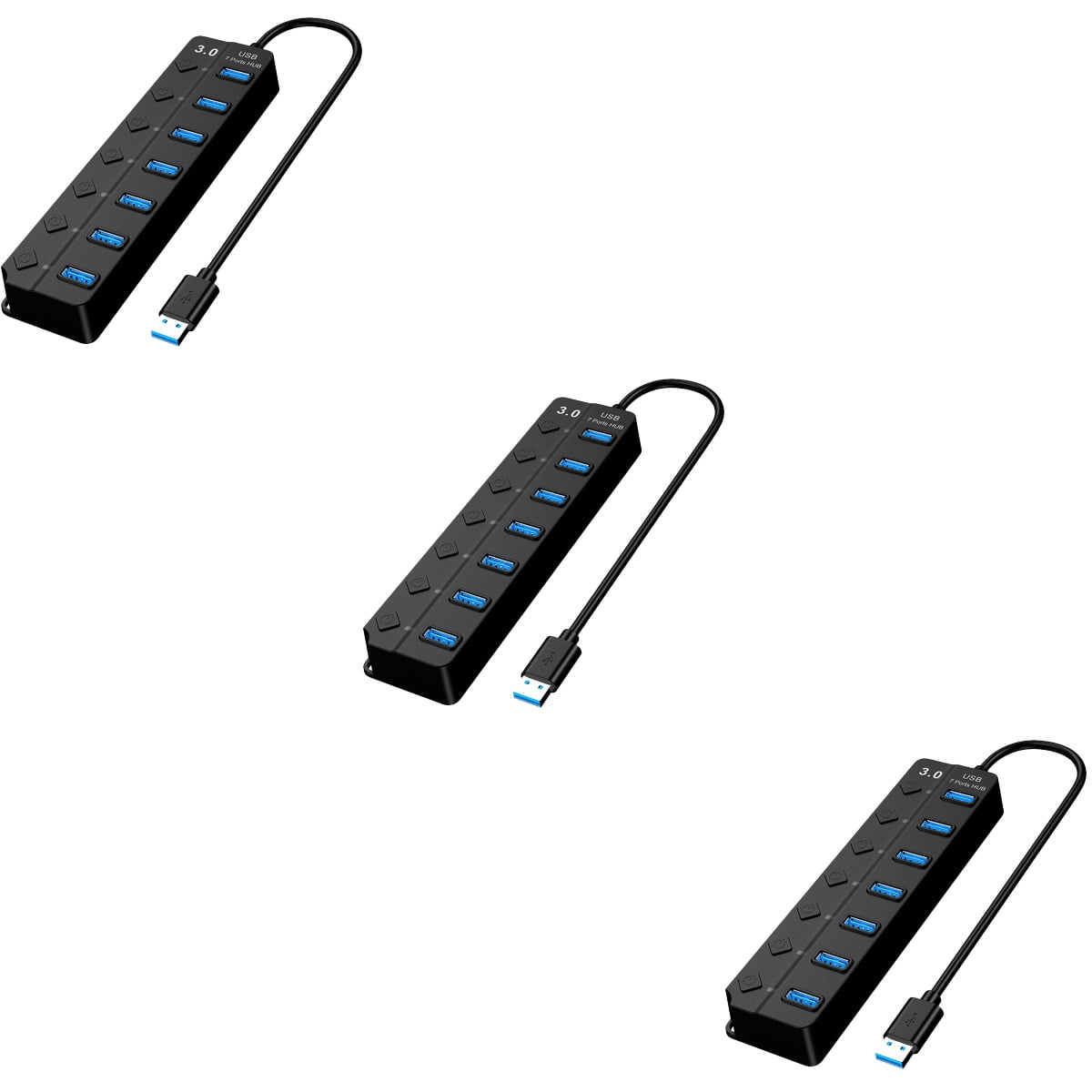 Set of 3 Seven Port Expander Adapters Small Multi USB for Laptop Cable Travel Black