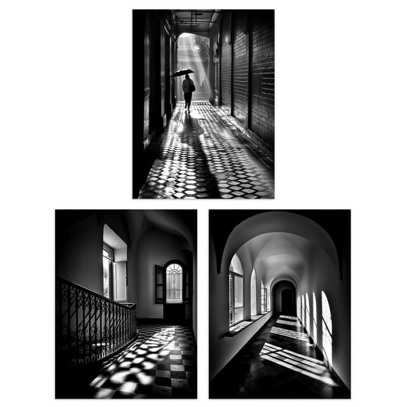 Set of 3 Shadows and Light Black and White Photographs Geometric Patterns Atmospheric Corridors Unframed Wall Art Living Room Poster Prints Pack
