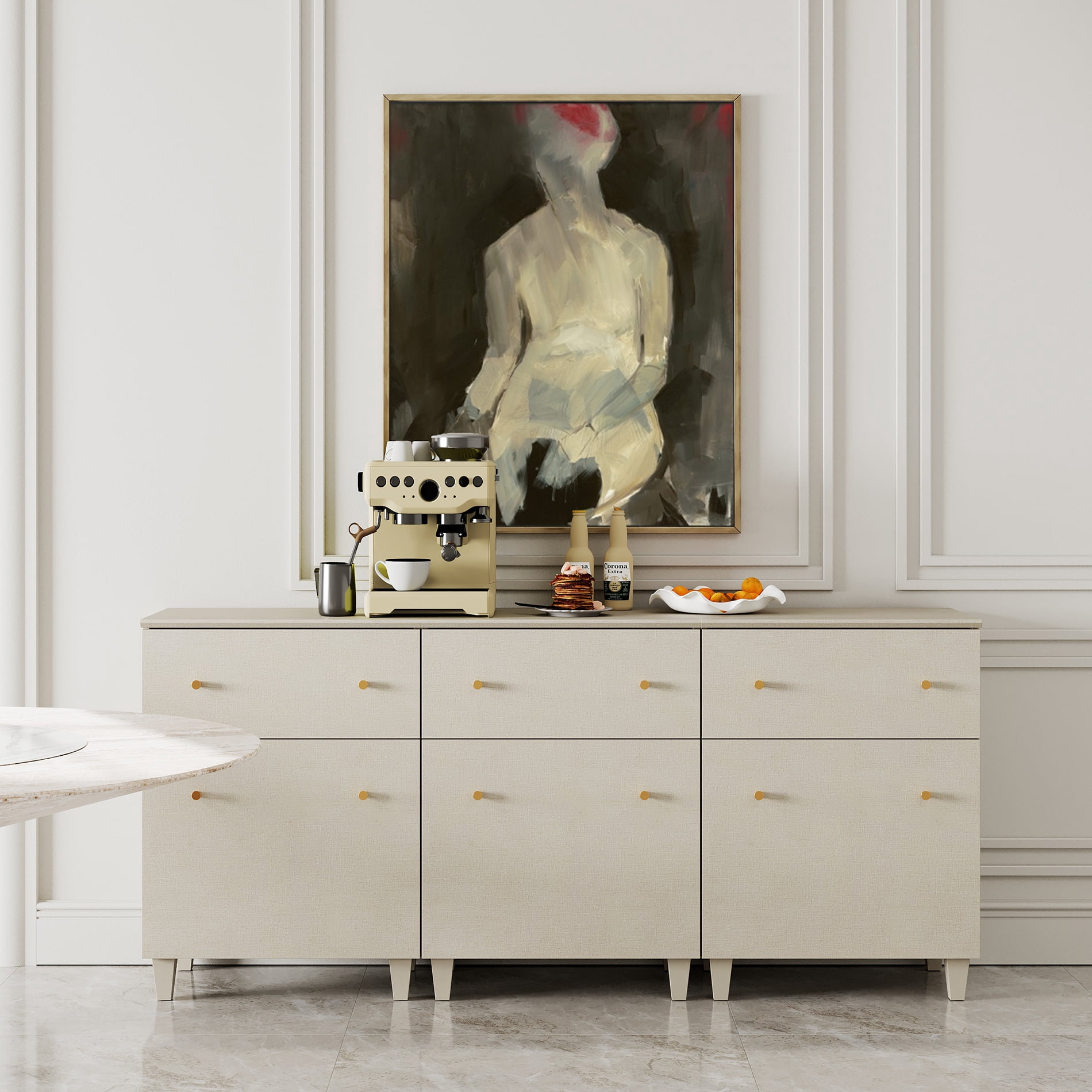 Set of 3 Sideboards with Drawer and Door for Living Room Kitchen, Beige Side Organizer Floor Cabinet with Adjustable Shelf, 32.4" H, 3 Packs