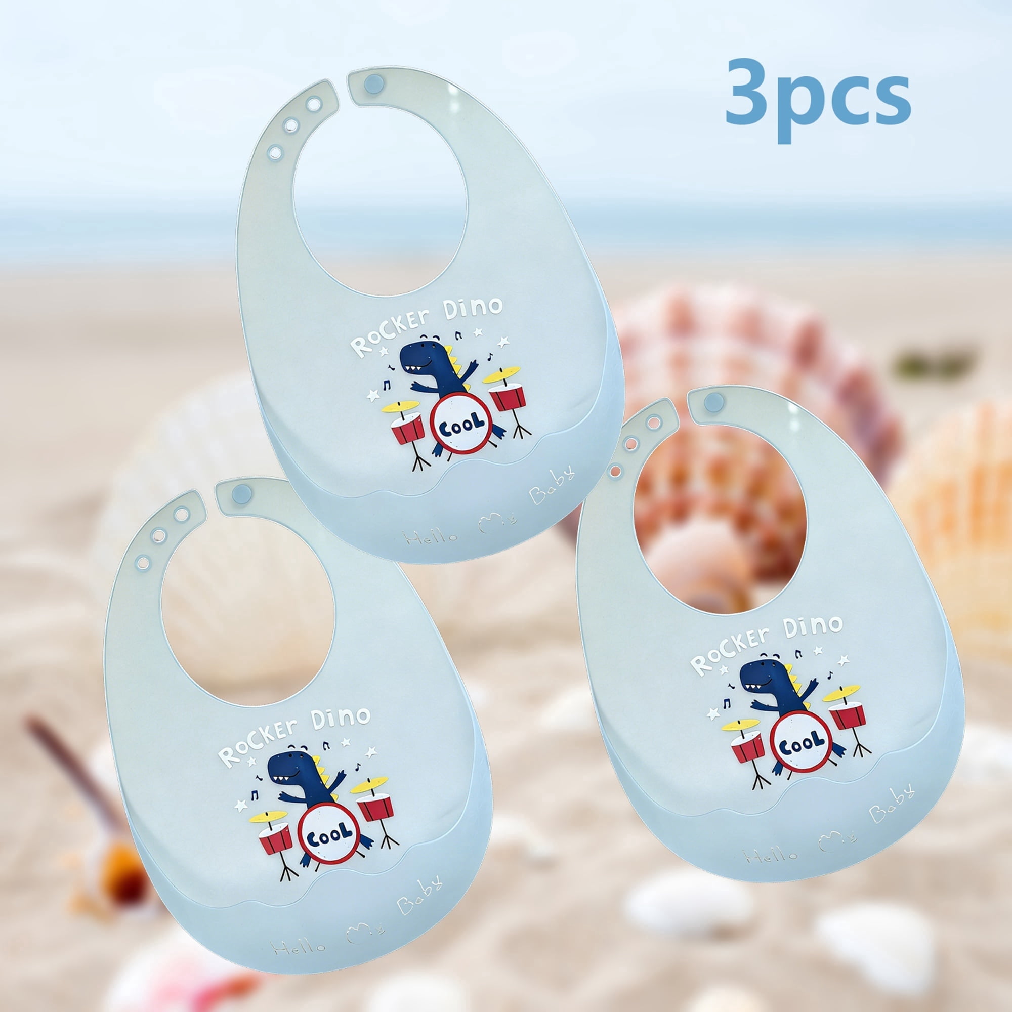 GOLDCOLIN Set of 3 Silicone Baby Bib Adjustable Waterproof Bibs ,Rocker Dino