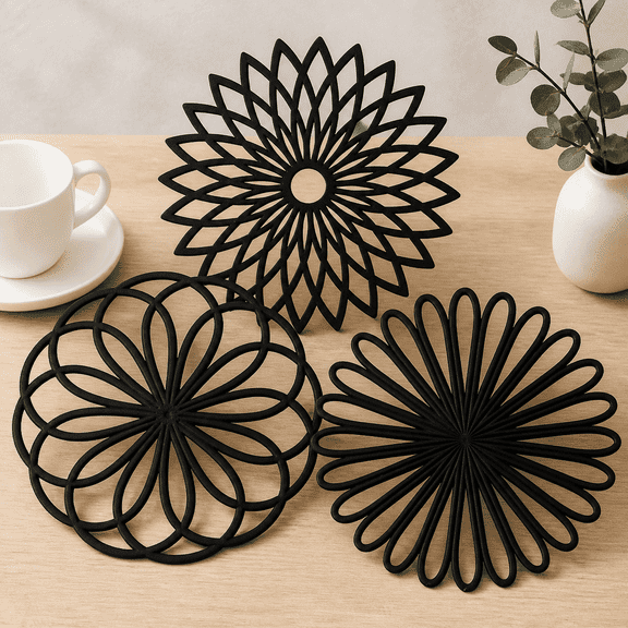Set of 3 Silicone Trivets for Hot Dishes – Heat-Resistant Non-Slip Mats for Kitchen Counter and Table, Black