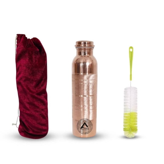 Set of 3 Silver Touch Pure Copper Water Bottle 950 ml, Velvet Carry Bag With Cleaning Brush Ayurveda Health Benefits