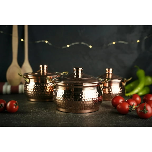 Set of 3 Single-Person Copper Cooking Pots 850ml Handcrafted Solid Copper Casseroles