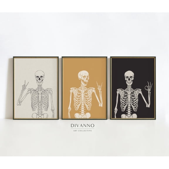 Set of 3 Skeleton Prints Halloween Wall Art Vintage Funny Poster Modern Gallery Wall Decor Halloween Party Decor Minimalist Art Gift Set 3