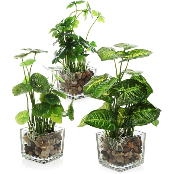 Set of 3 Small Artificial Potted Plants in Clear Glass Pots, 9.5 Inch Faux Indoor Plants for Home and Office Decor, Low Maintenance Fake Greenery