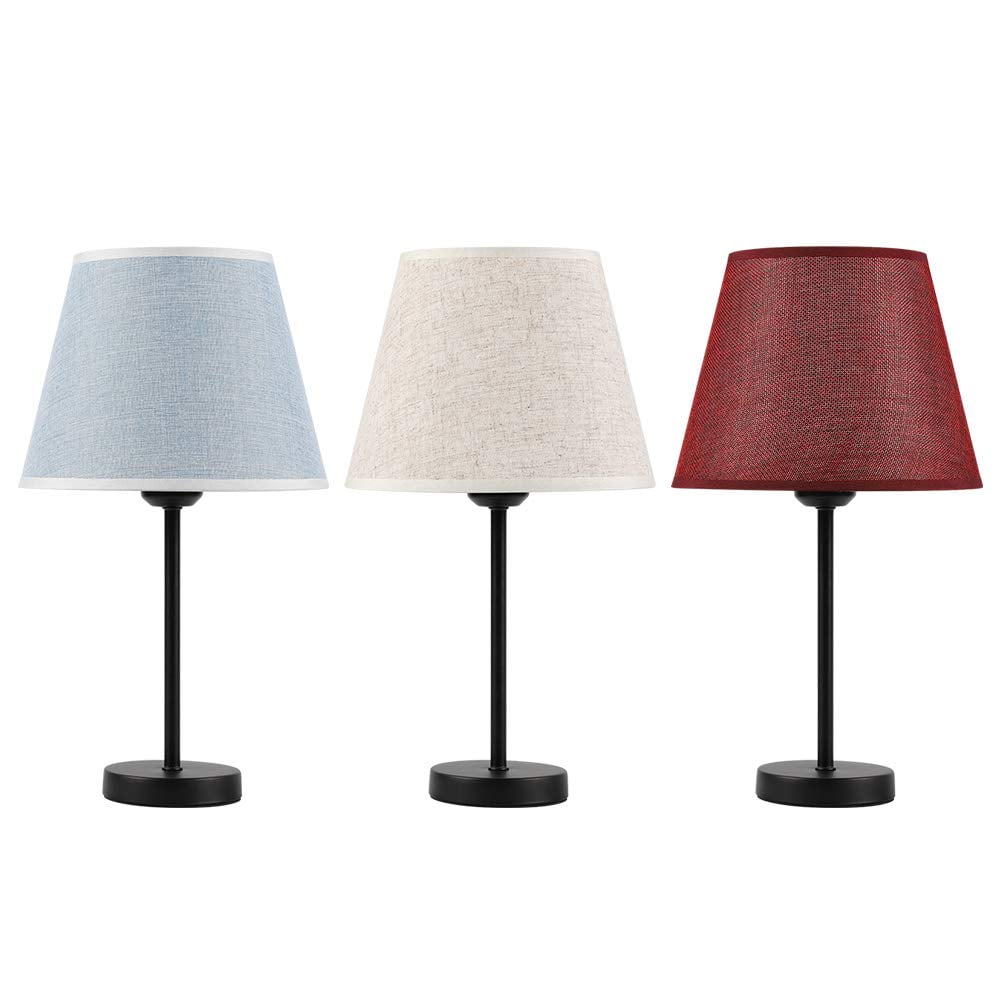 Set of 3 Small Bedside Lamps with 3 Colors Lamp Shade, Black Metal Base, Fabric Linen Shade