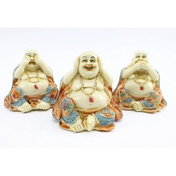 Set of 3 Small Feng Shui Hear See Speak No Evil Happy Face Laughing Buddhas Figurines Statues