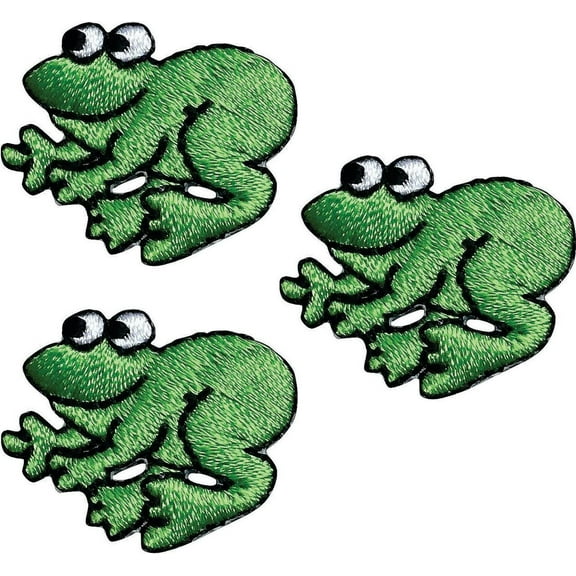 Set of 3, Small Green Frog, Embroidered, Iron-on Patch