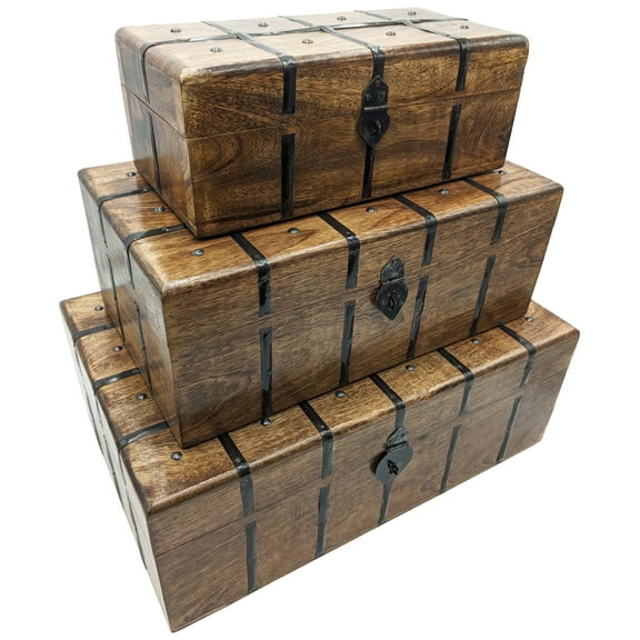 Set of 3 (Small, Medium, and Large) Nesting Wooden Pirate Treasure Chests, Hinged Boxes Decorated with Black Metal Accents, Hasps for Locks