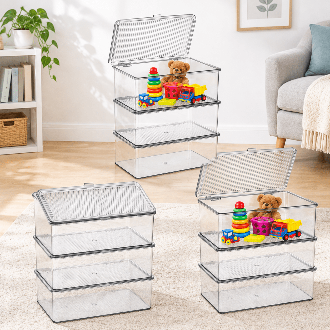 Set of 3 Small Stackable Storage Boxes with Hinged Lid, Clear, 10.8*6.8 ...
