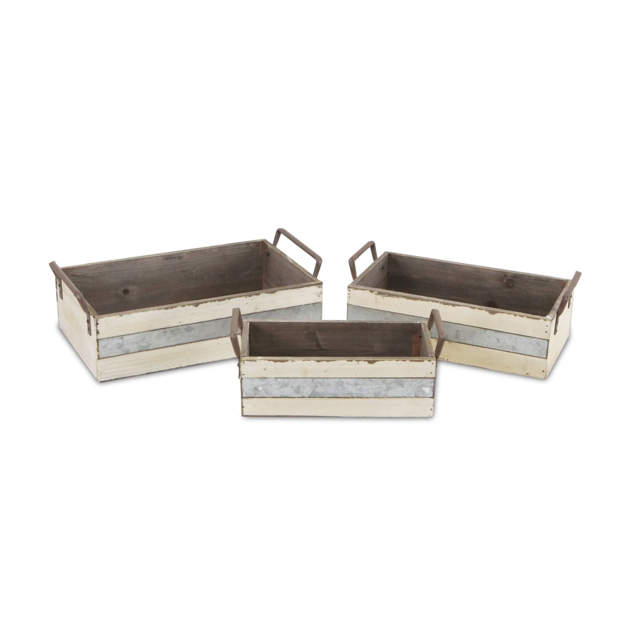 Set of 3 Small Wood Crate with Side Metal Handles and Metal Panel on ...