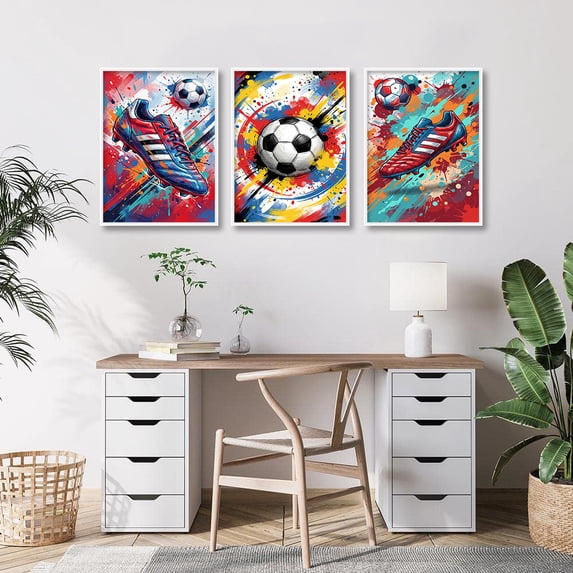 Set of 3 Soccer Wall Art Prints Boys Bedroom Decor Gift Posters Colourful Football Print Canvas Painting for Home Decoration