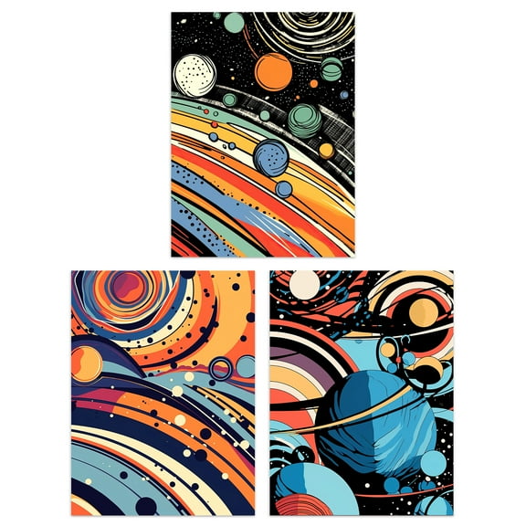 Set of 3 Space Cosmos Planets Abstract Comic Book Style Kids Bedroom Bright Orange and Blues Unframed Wall Art Living Room Poster Prints Pack